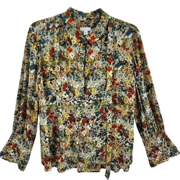 J Jill Women M Wheat Button Down Floral Blouse Fabric Buttons Bell Sleeve Career - Picture 3 of 16